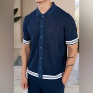 NWOT Raith Deep Navy Blue Woven Knit Button Down Short Sleeve Collared Top  L